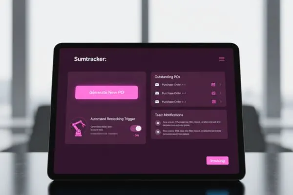 Mobile app showing restoke invoices, surrounded by macarons and accounting branding (myob)